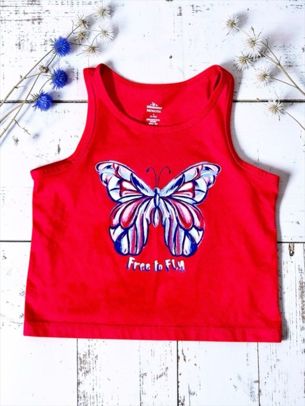 Way to Celebrate Girls Red “Free to Fly” Patriotic Butterfly Tee S (6/6X)